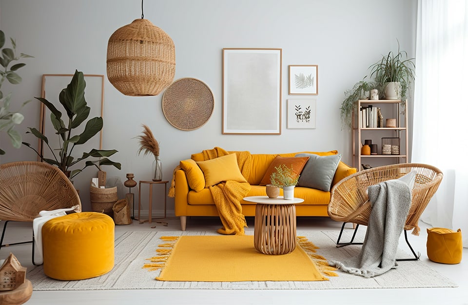 Salotto in stile scandinavo sui toni del bianco, del legno naturale e del giallo senape, con divano, tappeto e pouf giallo, pareti e pavimento bianchi, sedie e grande lampadario in vimini, libreria in legno naturale e molte piante e quadri