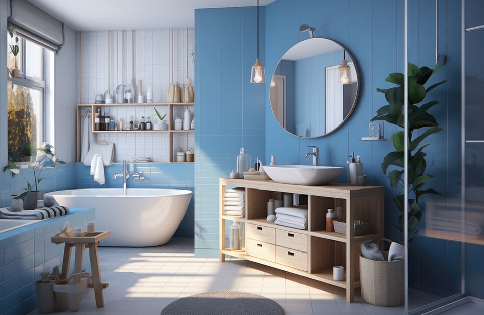 Amplio cuarto de baño amueblado en estilo moderno, con bañera de cerámica blanca, muebles de madera natural clara, espejo circular y paredes blancas y azul fuerza aérea