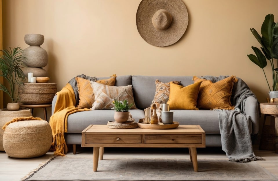 A modern living room in boho chic style all in shades of beige, gray, natural wood and yellow ochre, with wicker and straw decorations, wooden coffee table, gray sofa and plants