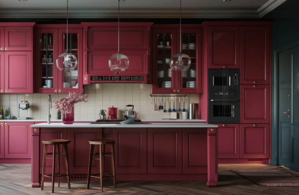 Cocina clásica con isla. Los muebles son de color rojo burdeos con encimera blanca. El suelo es de parqué. A la derecha se ve una puerta de madera verde oscuro como la pared