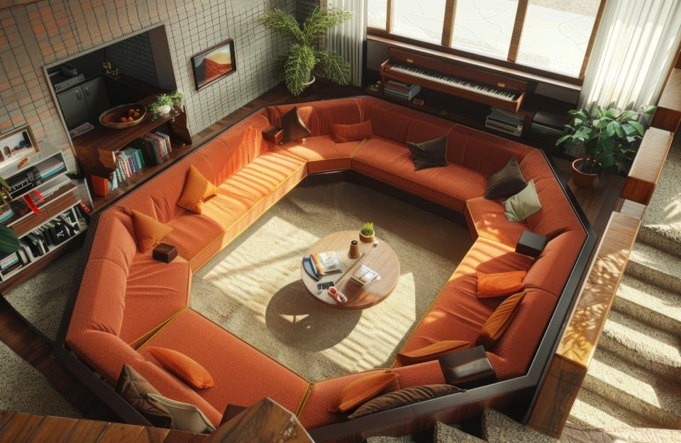 Top view of a 1970s-style living room with central 'conversation pit' with orange sofa