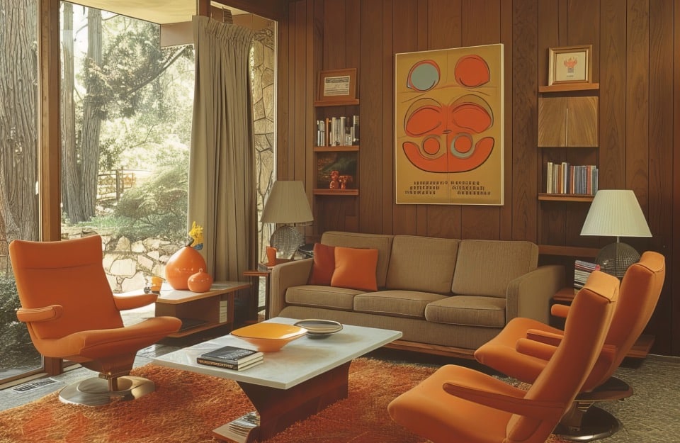 Seventies-style living room in shades of orange and brown, with orange armchairs with rounded lines, a high pile carpet and a wood-panelled wall