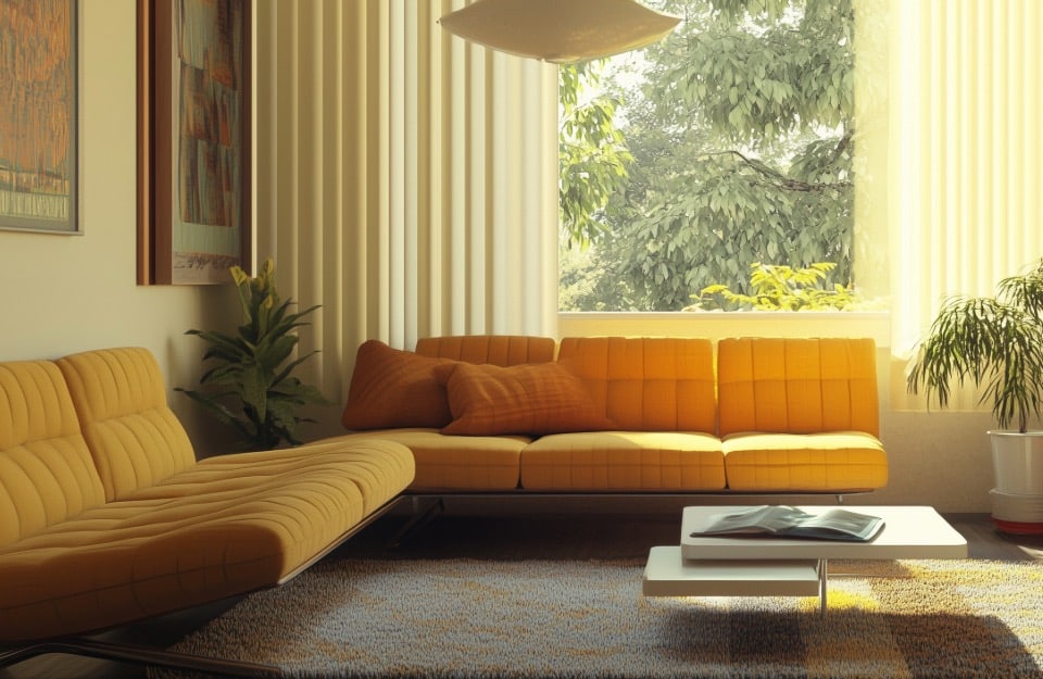 Living room with two large mustard-coloured sofas, 1970s coffee table and pendant lamp