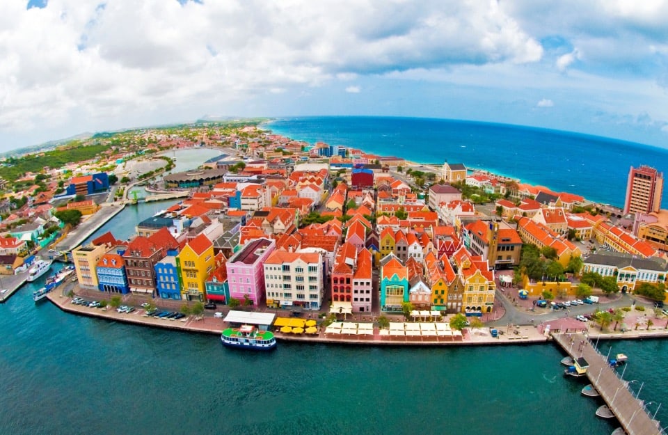 Wide-angle view from above of one of Willemstad' s historic quarters, on the Caribbean island of Curaçao, with its colourful buildings