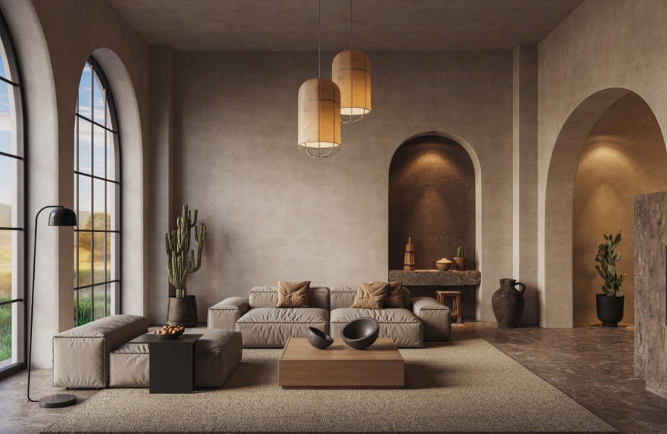 Soggiorno dallo stile contemporaneo con influenze mediterranee e minimaliste. Le tonalità predominanti sono il beige, il marrone e il terracotta. Ci sono porte e finestre ad arco, lampadari di carta a cupola