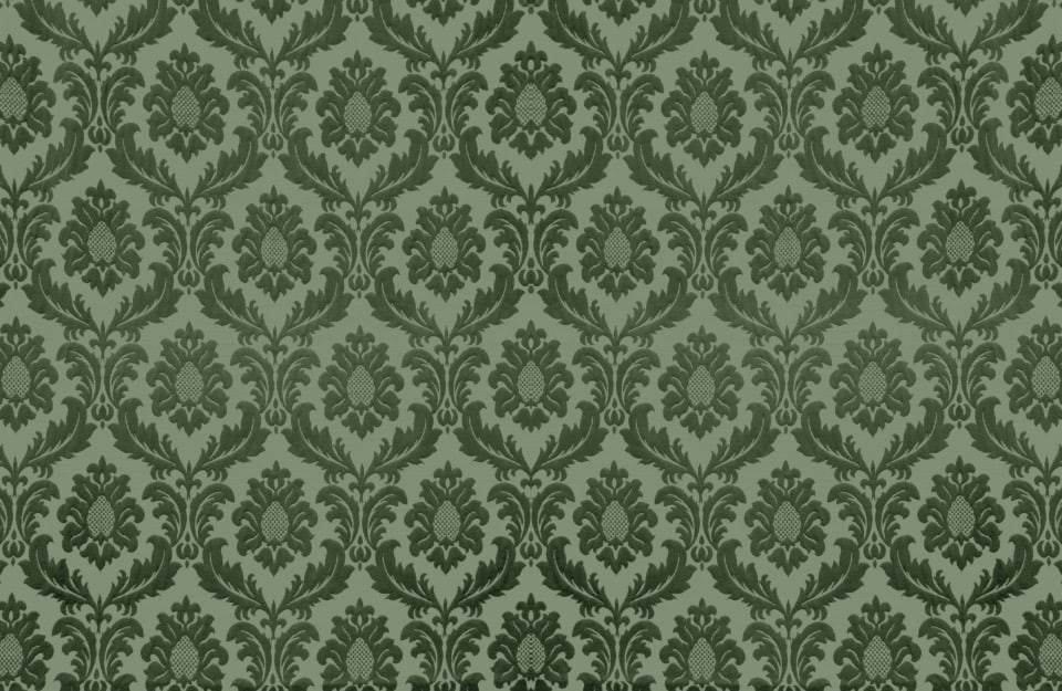 Carta da parati verde con un pattern ottocentesco