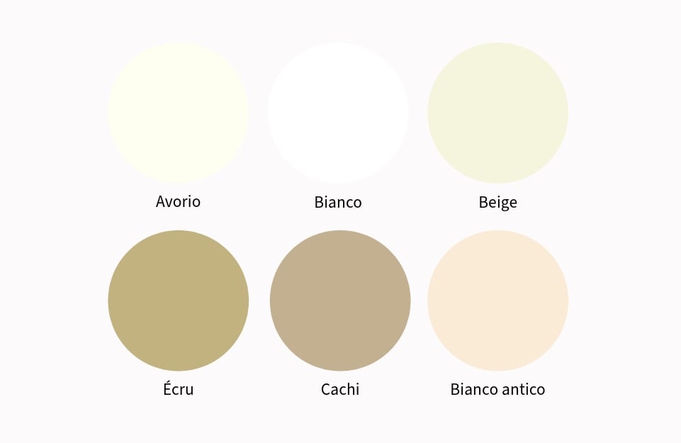 Palette che mette a confronto diversi colori: avorio, bianco, beige, écru, cachi e bianco antico